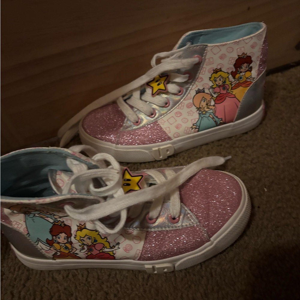 Super Mario princess ground up Kids Glitter High-Top Sneakers size 2 - Picture 4 of 9